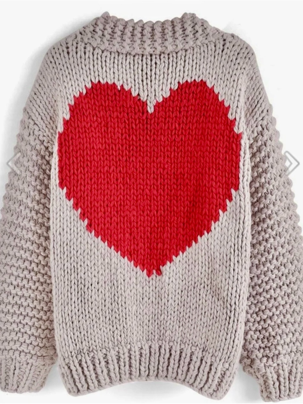 Chunky Beige Sweater with Red Heart Motif - Women